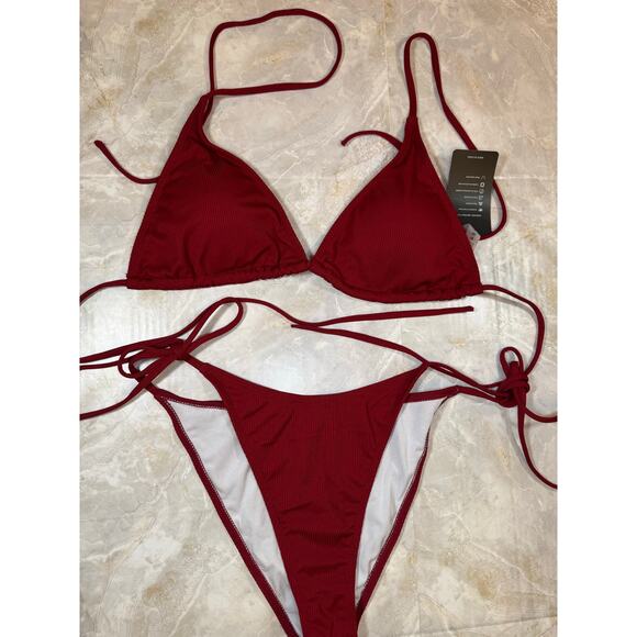 NWT Ribbed Triangle String Bikini Wine Colored Size Large - Picture 1 of 7